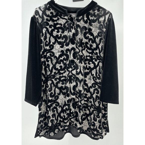 Chico's Travelers 2 L-XL Mandarin Collar Velvet Button Down Top Silk Rayon - Picture 1 of 5